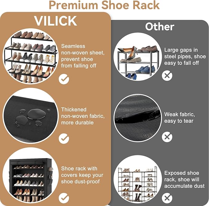 Shoe Rack with Cover, 5 Tier Shoe Organizer Storage for 20-24 Pair Shoes and Boots Large Shoe Storage Shelf Space Saving Vertical Shoe Rack for Closet, Front Door Entrance, Dorm, Garage