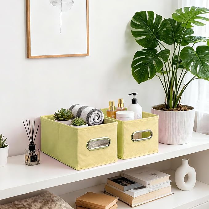 Narrow Storage Baskets for Shelves – Fabric Closet Organizers and Collapsible Storage Bins with Metal Handles – Space-Saving Baskets for Clothes, Towels, 5.9 x 11.8 x 5.9 inch (Beige)