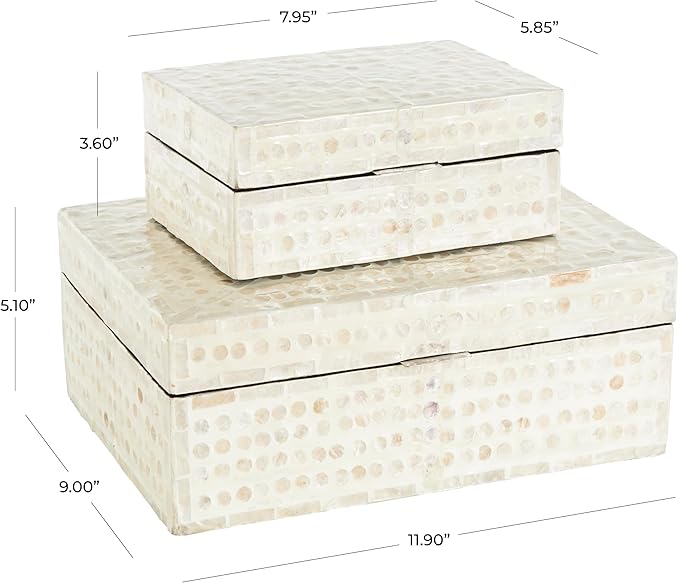 Deco 79 Mother of Pearl Shell Geometric Handmade Decorative Box Mosaic Dot Storage Decorative Keepsake Box with Brown Accents, Set of 2 Storage Box 12", 8"W, Cream