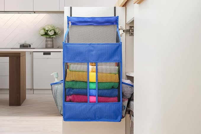 ALYER Hanging Plastic Grocery Bag Holder and Dispenser,Mesh Over the Cabinet Door Organizer with Easy-Access Openings for Kitchen Towel,Bras,Laundry,Installation Free (Blue, 21.7"H * 11.8"W * 5.9"D)