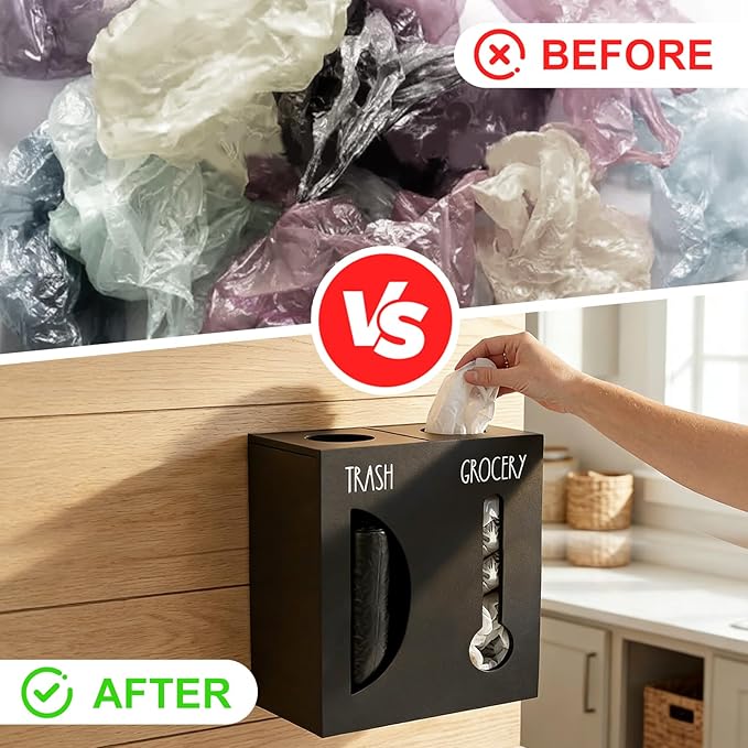 2 in 1 Trash Bag Dispenser, Double Wall Mounted,Wood Trash Bag Holder, Used in Kitchen, Garage, Laundry Room, can Store Environmentally Friendly Food Bags and Garbage Bags(Black/Large)