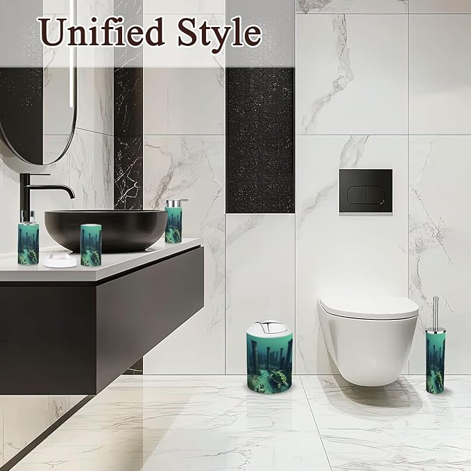 6 Piece Bathroom Accessories Set Surreal Art Ancient Sea Turtle Ruin Trash can Toilet Brush Holder Toothbrush Holder Toothbrush Cup Soap Dispenser Soap Dish for Home
