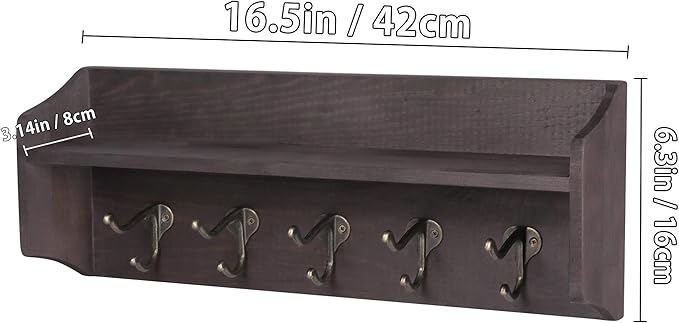 LAVIEVERT Coat Hooks with Storage Shelf Wall-Mounted, Rustic Wood Hanging Coat Rack with 5 Vintage Metal Hooks for Entryway, Living Room, Kitchen, Bathroom - Brown