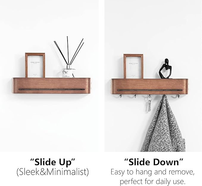 Modern Key Holder Wall Mount with 5 Retractable Hidden Hooks,Heavy Duty Coat Rack Wall Mount,Finland-Designed Entryway Organizer,17 inch,for Entryway, Living Room, Kitchen, Hallway,Oak,Walnut Finish