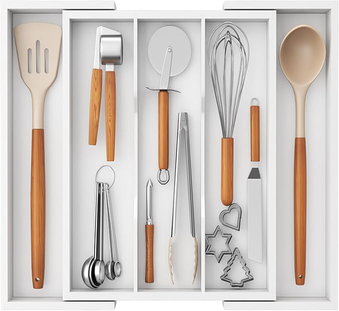 Lifewit Utensil Organizer for Kitchen Drawer, Expandable Cooking Utensil Tray, Cutlery Silverware Flatware Holder, Wood Adjustable Spatula Tools Storage Divider, 13-22x15/ 33-56x38cm, White
