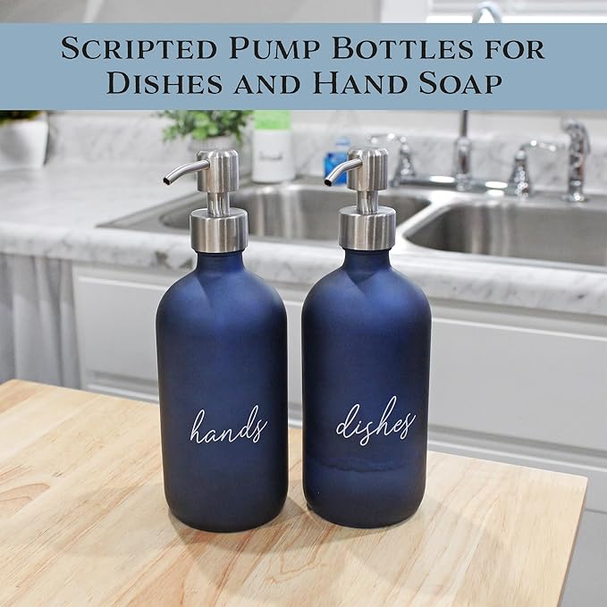Cornucopia Brands 16oz Hands Dishes Pump Bottles (Blue, Set of 2); Frosted Blue Pump Dispensers for Kitchen and Home