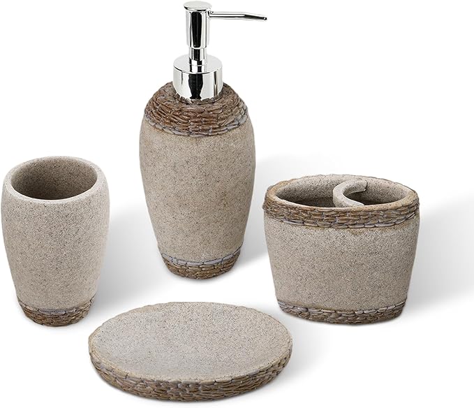 4 PCS Resin Bathroom Accessory Set, Soap Dispenser with Chrome Pump, Toothbrush Holder, Tumbler and Soap Dish, Bathroom Sink Set for Home Decor (Simple Retro)