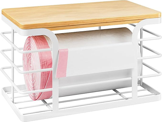 Trash Bag Holder Dispenser with Bamboo Top,Wall Mount Garbage Bag Dispenser,Stackable Storage Suitable for Garbage Bags of 100 Rolls under 13 Gallons,White Small