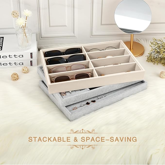 Emibele Sunglass Organizer Jewelry Tray, 8 Grids Velvet Glasses Watch Storage Stackable Tray, Eyeglasses Jewelry Showcase Display Organizerï¼Beige