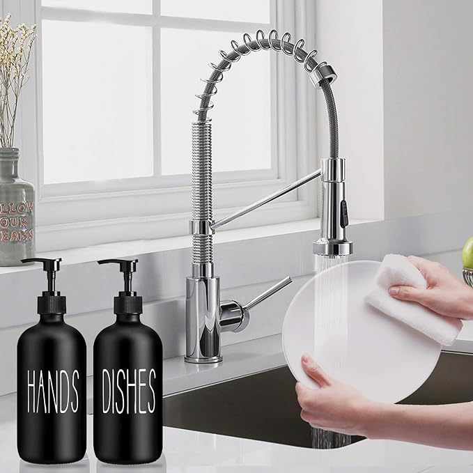 Glass Soap Dispenser Set 2 Pack,Contains Hand and Dish Soap Dispenser.Premium 16 Oz Black Kitchen Soap Dispenser Set for Kitchen Sink and Farmhouse Decor