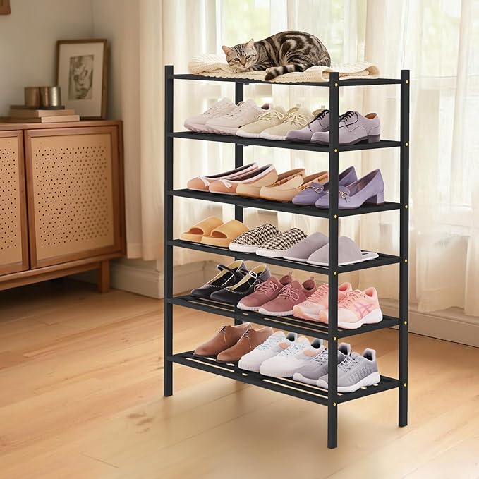 Smiry Bamboo Shoe Rack 6-Tier, Stackable Wooden Shoe Organizer for Entryway & Closet, Free Standing Wood Shoe Storage Shelf for Front Door & Small Spaces, Black