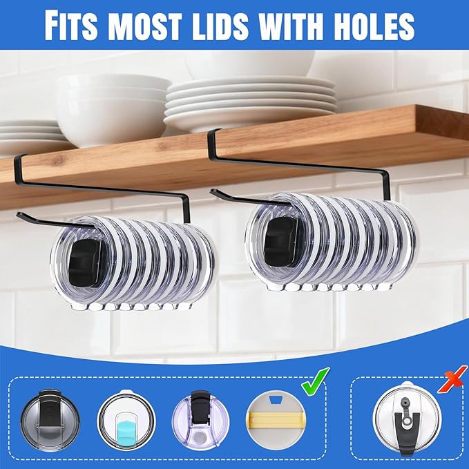 1 Pack Tumbler Lid Organizer, Versatile Cup & Water Bottle Lid Holder, Upgraded Kitchen Space Saver & Under Cabinet Storage, No Adhesive or Drilling Needed, Multi-Use Tumbler Lid Holder, Black