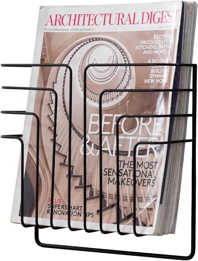 MyGift Modern Design Black Metal Wire Wall Mounted Magazine and File Folder Holder Organizer Rack
