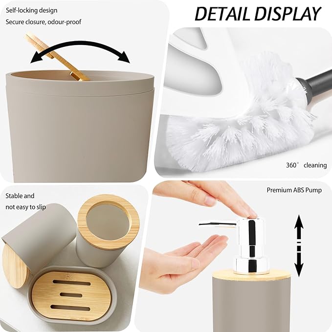 Lnond Beige Bathroom Set, Beige Abstract Cubes Bathroom Accessories Sets Complete, Luxury Restroom Set with Shower Curtain and Rugs, Trash Can, Toilet Brush Holder Set & Soap Dispenser