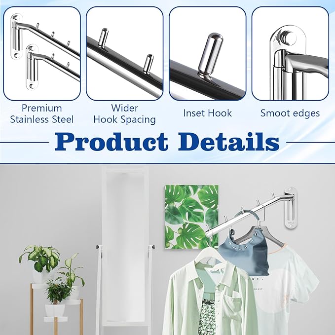 2 Pack Folding Clothes Rack, Stainless Steel Swing Arm Clothing Racks for Hanging Clothes, Closet Organizers and Storage Space Saving Drying Rack, Hooks for Hanging Wall Mounted