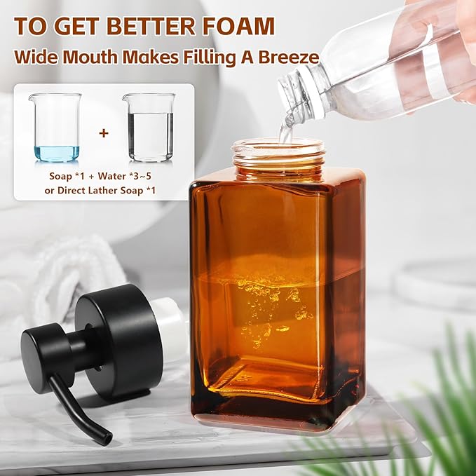 Foam Hand Soap Dispenser, 12oz/350ml Amber Foaming Soap Dispenser Set, 2Pcs Amber Glass Foam Dispenser with Foaming Pump, Labels, Refillable Square Dispenser for Bathroom, Kitchen