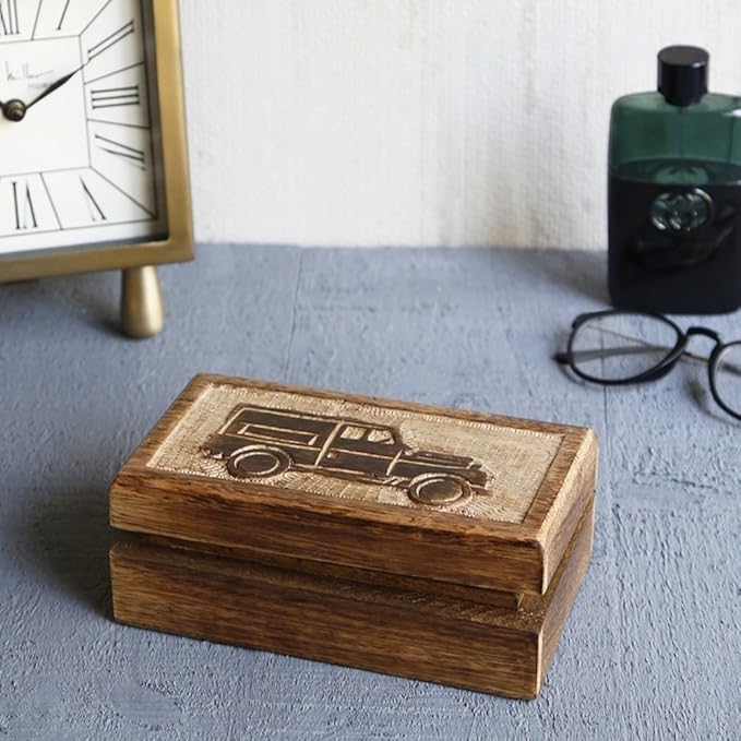STORE INDYA storeindya, Handmade Wooden Jewelry Box - Keepsake Box - Storage Organizer - Multipurpose Box - Treasure Chest - Trinket Holder for Women Men Girls - Single (Automobile Collection)