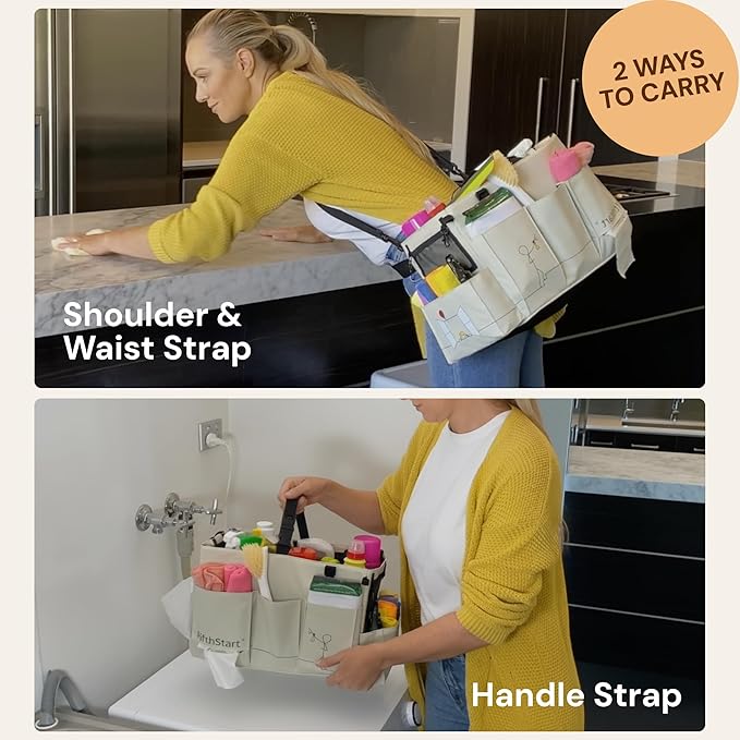 FifthStart Multiuse Cleaning Caddy - Diaper Caddy with Waist, Shoulder Strap, 9 Pockets, Mesh Base & Adjustable Compartments - Cleaning Supplies Organizer (Yellow Floral, Large)