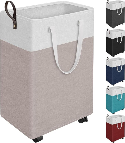 HomeHacks Laundry Basket with Wheels, Rolling Laundry Hamper, Collapsible & Waterproof Clothes Hamper, Narrow Corner Bins with Extended Handles for in the Family & Dorm 90L, Khaki