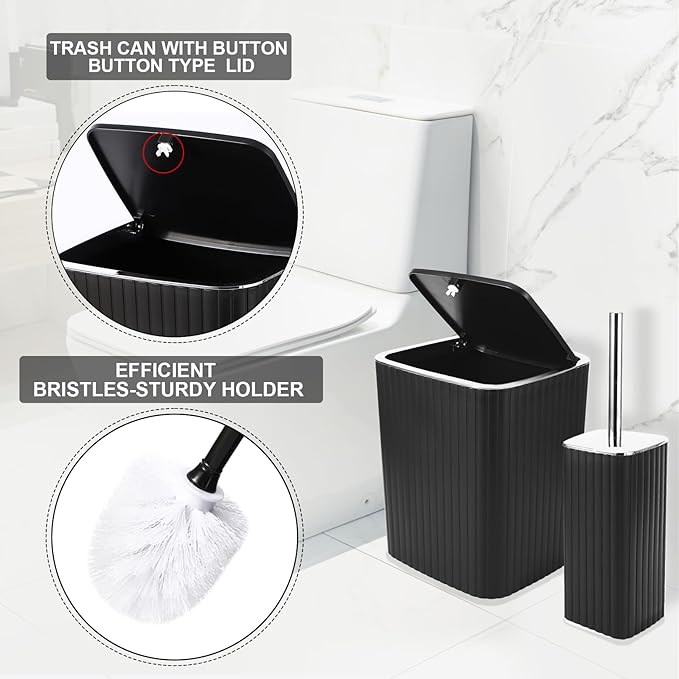 Bathroom Set with Shower Curtain and Rugs- 25PC Bathroom Accessory Set, Black Bathroom Set, Toilet Brush, Trash Can, Qtip Holder & Soap Dispenser