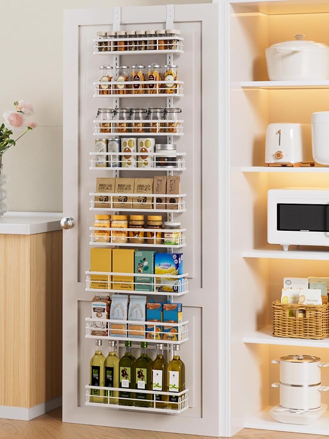 Delamu 9 Tier Over The Door Pantry Organizer, Pantry Organization and Storage, Hanging Spice Rack for Pantry Door Organizer, Metal Pantry Door Shelves for Kitchen Bathroom Laundry Room,15.3" White