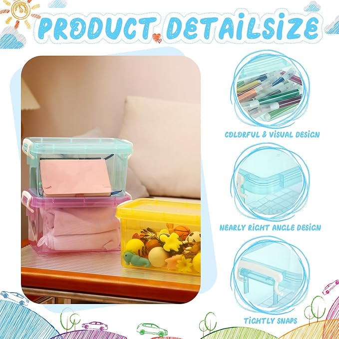Wenqik 6 Pack Colorful Plastic Storage Bins with Lids 4 Quart Small Storage Latch Box Stackable and Nestable Clear Organizer Bins with Latching Handle and Buckle for Organizing(Colorful)