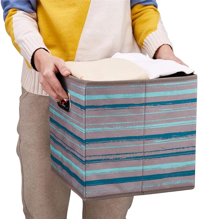 HSDT3 Cube Storage Bins Teal Stripes Gradient Lines 10.5x10.5x11 Inch Foldable Whale Coastal Print Fabric Half Storage Basketes for Home Organizers Storage Drawer,QY-SC12-3,Navy Blue-Whale(Set of 6)