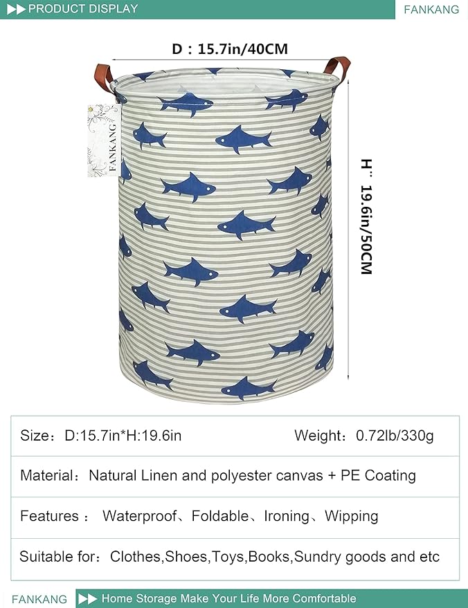 FANKANG Storage Basket, Nursery Hamper Canvas Laundry Basket Foldable with Waterproof PE Coating Large Storage Baskets for Kids Boys and Girls, Office, Bedroom, Clothes,Toysï¼Sharkï¼
