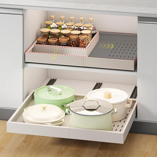 Pull out Cabinet Organizer,Width (14"-21") and Depth (17"-24") Expandable With 3 Rails,No Drill Adjustable Slide out Drawers for Kitchen,Pantry,Adhesive Roll out Shelves,for Cabinets Without Lip,White