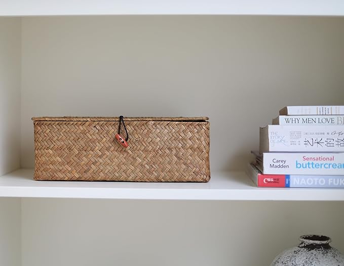 DOKOT Seagrass Woven Storage Basket with Lid, Rectangular Narrow Tampon Toilet Tank Organizer