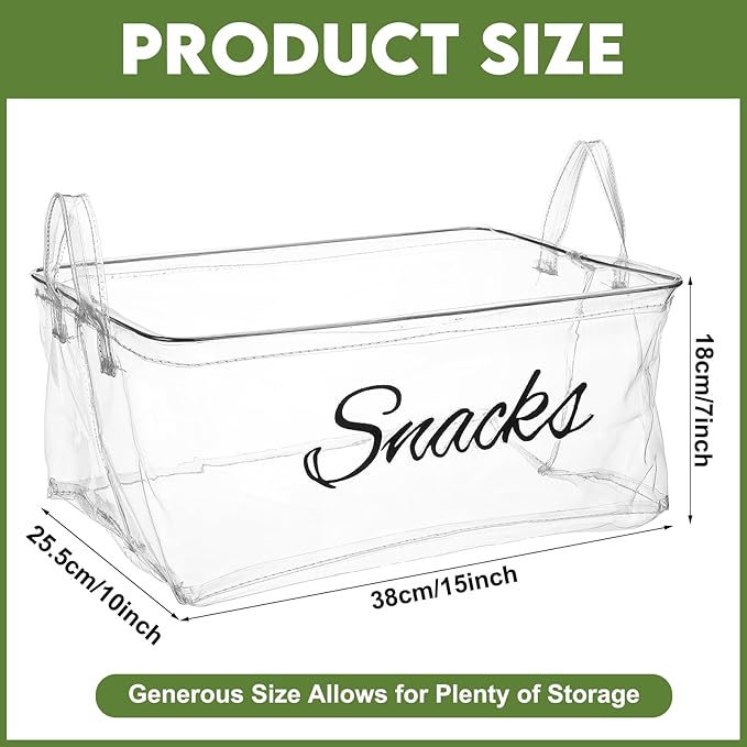 17 Pcs Snack Basket Sets, Snack Storage Bin for Pantry Shelves with 16 Pcs 2 Inch Chip Clips, Basket Organizer for Kitchen Home, Chips, Popcorn, Candy, Pretzels (PVC,Clear)