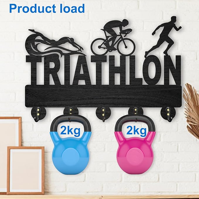 MAYJOYDIY Triathlon Coat Hooks Wall Mounted 11.8×8inch Key Holder Hooks Wood Wall Coat Rack 5 Metal Hooks Hook Rack Rail for Art Decor Gift Sports Hat Medals Swimming Goggles Wall Hanger