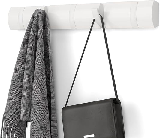 Umbra Flip Wall-Mounted Coat Rack with 5 Hooks – Modern, Space-Saving Storage for Hats, Jackets, Bags, Entryway, Mudroom, Closet, Bathroom, Bedroom – White/White