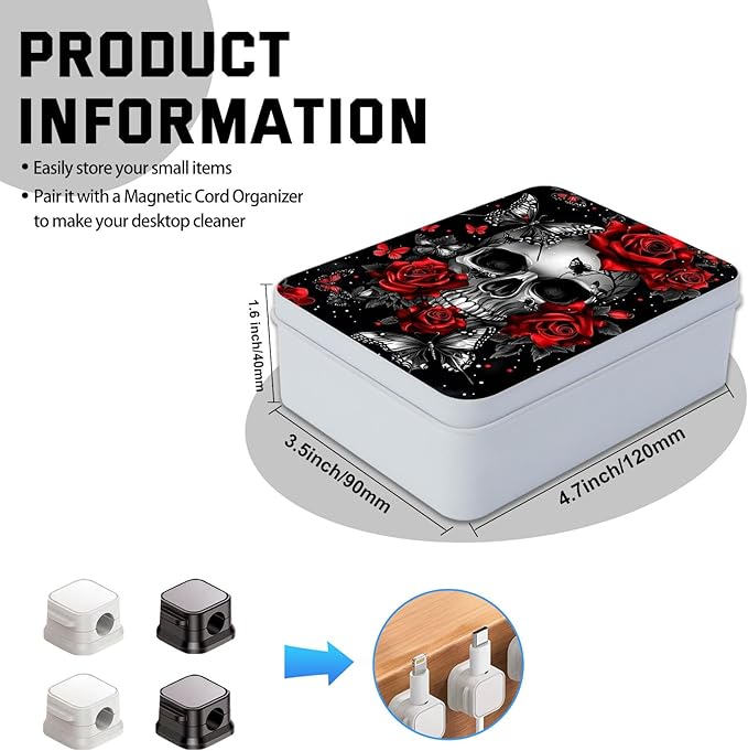 Metal Tin Box with Lid,Multi-functional Storage Box Can Store Tea Biscuits Game Cards, Playing & Tarot Cards-Comes with 4 Magnetic Cord Clips,Skull Roses Butterfly