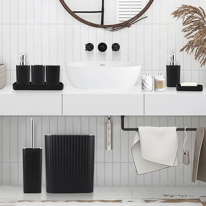 Bathroom Accessories Set - Gorgeous Bathroom Set, 10PC Black Bathroom Accessory Set, Toilet Brush, Trash Can, Qtip Holder & Soap Dispenser