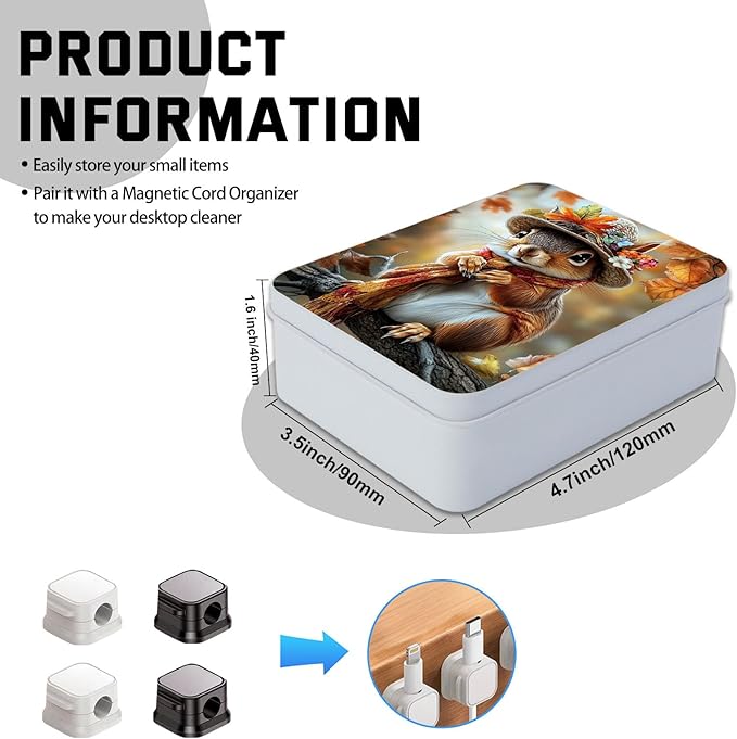 Metal Tin Box with Lid,Multi-functional Storage Box Can Store Tea Biscuits Game Cards, Playing & Tarot Cards-Comes with 4 Magnetic Cord Clips,Cute Squirrel Wearing Hat