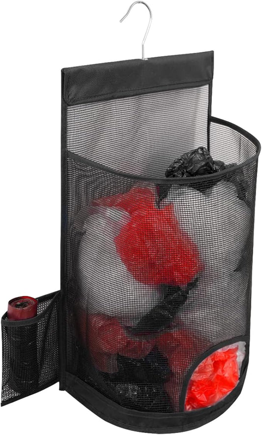 ALYER Hanging Mesh Grocery Bag Holder,Plastic Garbage Bag Dispenser Organizer with Hanger for Kitchen Cabinet Bathroom Laundry,Installation Free (Black, 17.7" H * 10.6" W * 10" D)