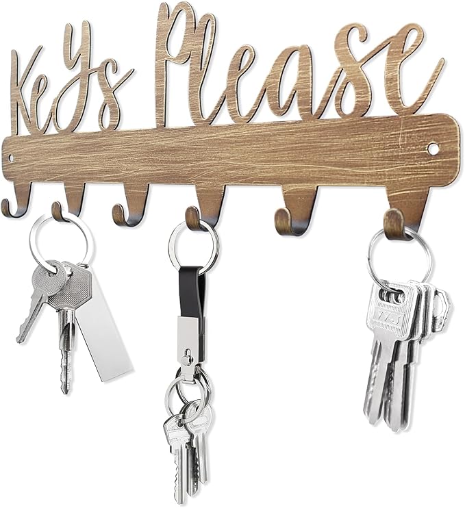 Keys Please Key Holder Wall Mounted,Key Hooks on Wall,Antique Gold Metal Decorative Key Organizer Rack Hooks Holder for Hallway,Entryway,Front Door,Office(Antique Gold:11 x 4.25 inch)