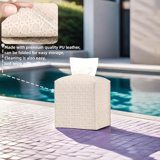 Tissue Box Cover Square PU Leather Facial Kleenex Box Cover Holder Tissue Case Cube Facial Paper Organizer Dispenser for Bathroom, Vanity Countertop, Tabletop, Car, Office Beige