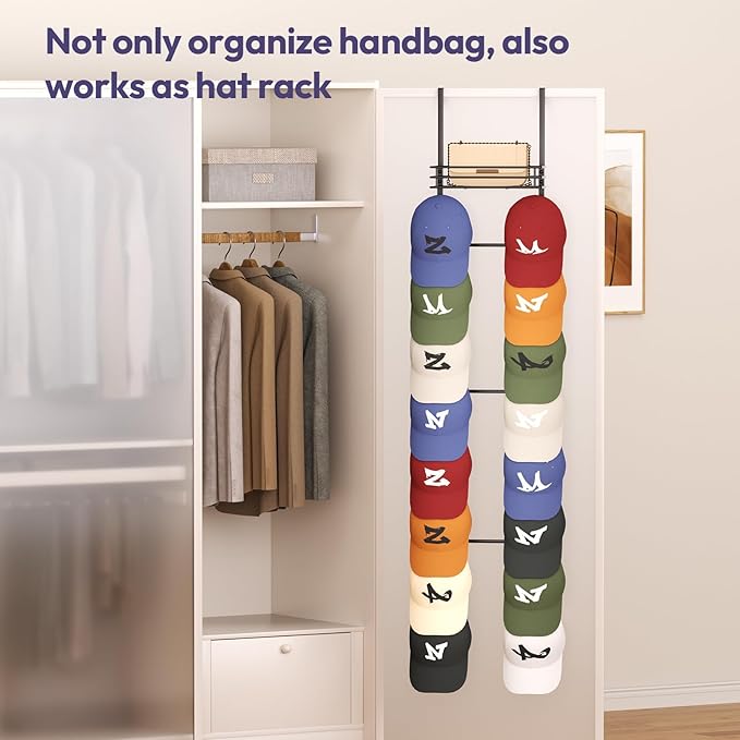Over The Door Purse Organizer with 16 Hooks and Metal Basket - Space-SavingPurse Rack and Bag Organizer for Closet，Door - Handbag and Purse Storage