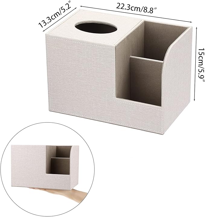 Sumnacon Square Linen Tissue Box Cover - Decorative Cube Tissue Box Holder with Side Organizer, Modern Tissue Box for Living Room Vanity Night Stand Table Countertop Office, Beige