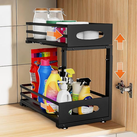 Under Sink Organizer, Slide Sink Steel Shelf Cabinet Storage Shelves, Height Adjustable Under Sink Organizers and Storage, 2 Tier Pull Out Drawer Cabinet Organizer for Kitchen Bathroom