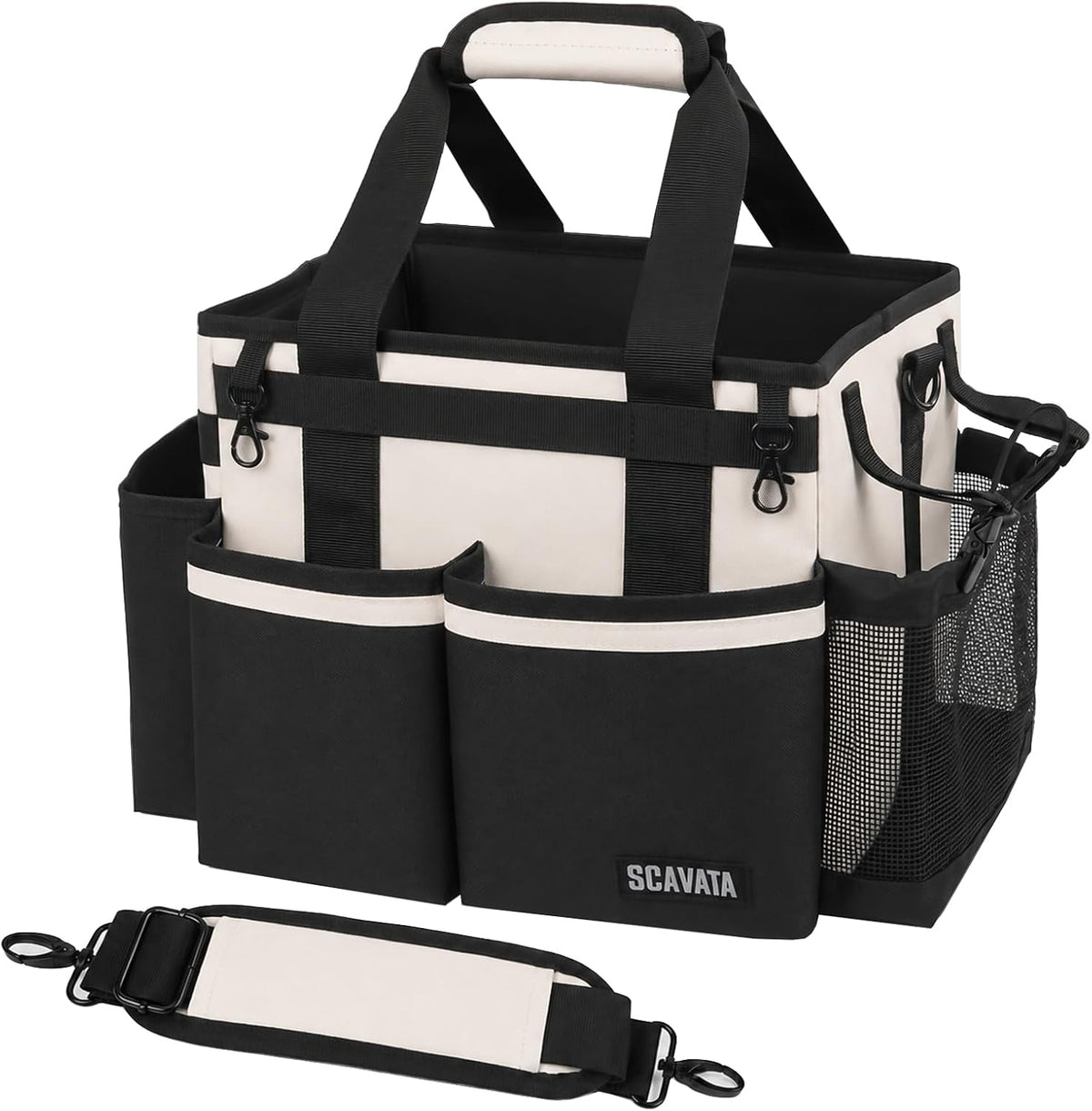 SCAVATA Compact Wearable Cleaning Caddy with Handle & Shoulder Straps Small Cleaning Supplies Organizer, Under Sink & Car Cleaning Tools Storage Bag for Housekeepers Cleaners, Cream White