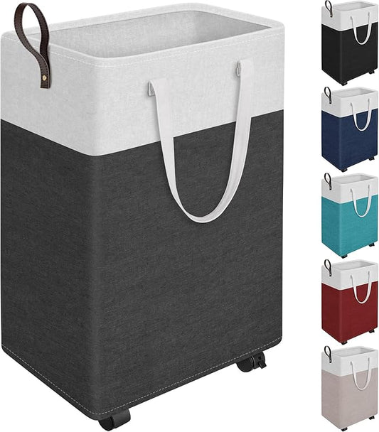 HomeHacks Laundry Basket with Wheels, Rolling Laundry Hamper, Collapsible & Waterproof Clothes Hamper, Narrow Corner Bins with Extended Handles in the Family & Dorm 90L(Grey)