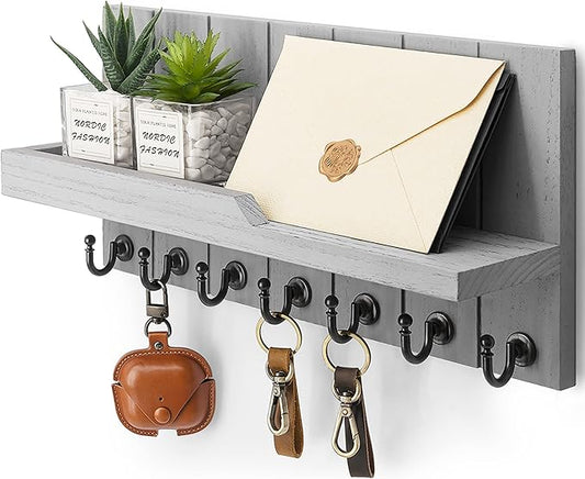 Rebee Vision Decorative Key and Mail Holder for Wall - Farmhouse 15 Inches Floating Shelf with 7 Sturdy Key Hooks for Home Entryway Wall Decor - Rustic Key Racks (Gray,15-inch)