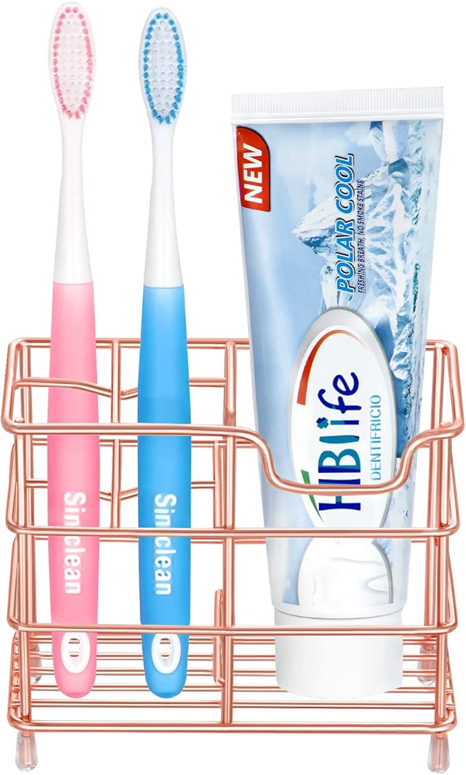 HBlife Small Toothbrush Holder for Bathroom, 5 Slots Rose Gold Stainless Steel Bathroom Accessories Organizer for Small Spaces
