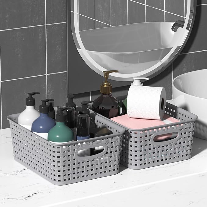 6-Pack Plastic Storage Baskets, Woven Plastic Open Storage Bin, Grey Basket for Organizing, 10.3" x 7.48" x 4.09"