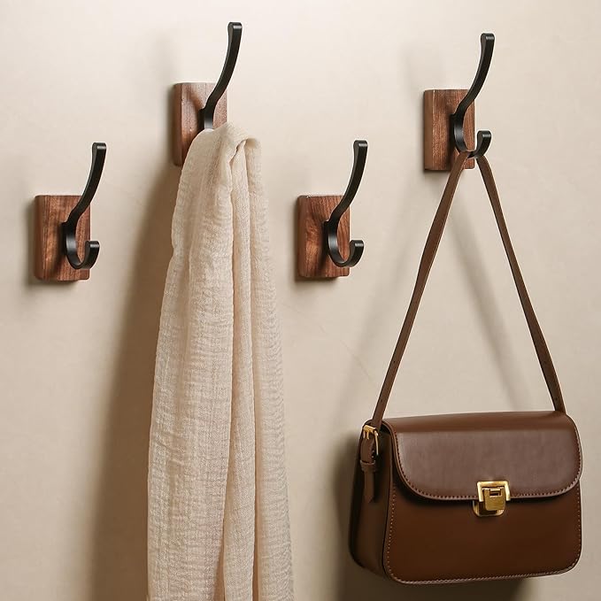 8 Pack Wooden Wall Hooks, Adhesive and Screw Mounted for Heavy Duty, Boho Decorative Coat Hooks for Towel, Clothes, Blanket, Hat, Entryway, Nursery Door
