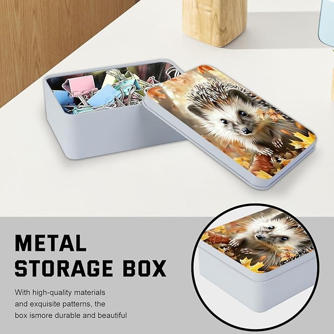 Metal Tin Box with Lid,Multi-functional Storage Large Box Can Store Tea Biscuits Game Cards, Playing & Tarot Cards-Comes with 4 Magnetic Cord Clips,Hedgehog in Autumn Leaves