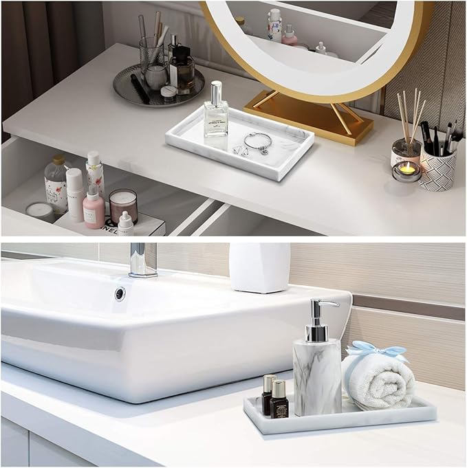 Emibele Bathroom Tray, Resin Countertop Vanity Tray Jewelry Storage Dresser Tray Kitchen Toilet Tank Tray Organizer for Candle Plant Perfume Shampoo Towel Home Decor, Medium, Marble White